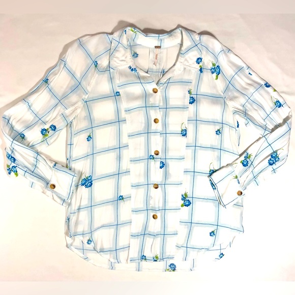 Free People Women’s Small Floral Geometric Viscose Button Up Long Sleeve Shirt - Picture 1 of 8
